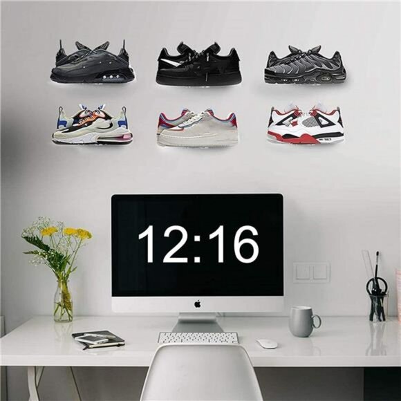 Clear acrylic wall mount floating shoe rack set of 6 space saving display shelf - Picture 2 of 8